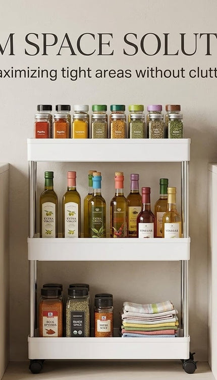 SLIM TROLLEY KITCHEN BATHROOM SLIDER STORAGE SPICE RACK HOLDERS SHELF ON WHEELS