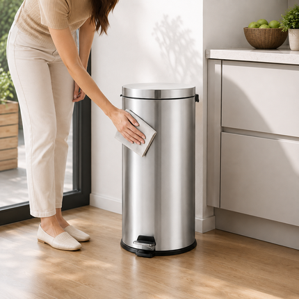 Pedal Bin 30L Stainless Steel Office Kitchen Bathroom Rubbish Waste Trash Can