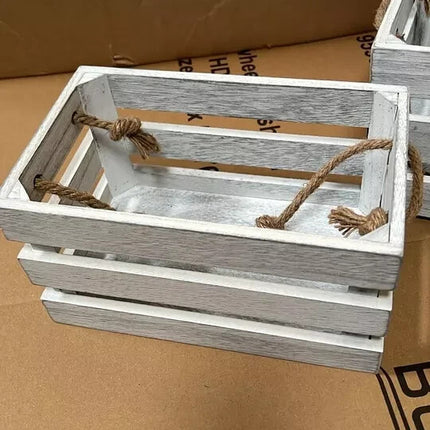 Wooden Storage Crates Set of 3 Bushel Box With Rope Handles Grey Vintage Basket