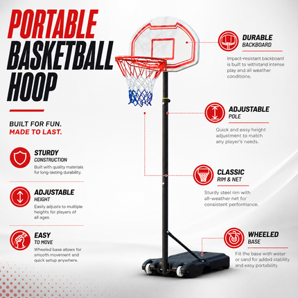 Portable Basketball Hoop Stand Adjustable 6.5-10FT Height Backboard Wheeled Base