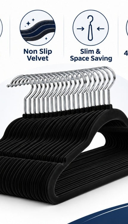 20 Pack Velvet Hangers Black Non Slip Flocked Coat Clothes Wardrobe Space Saving