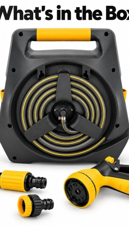 15M Portable Garden Hose Reel Set Wall Mount 8 Function Spray Gun Nozzle Pipe