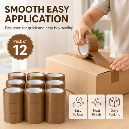Parcel Tape 48mm X 66m Strong Heavy Duty for Secure Box Packing 12-Rolls Brown
