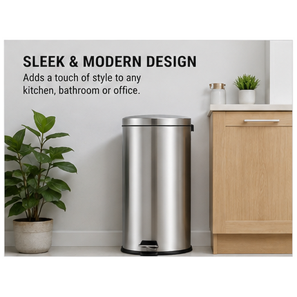 Pedal Bin 30L Stainless Steel Office Kitchen Bathroom Rubbish Waste Trash Can