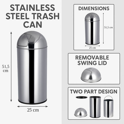 18L Stainless Steel Trash Can with Swing Push Lid Indoor Outdoor Waste Bin