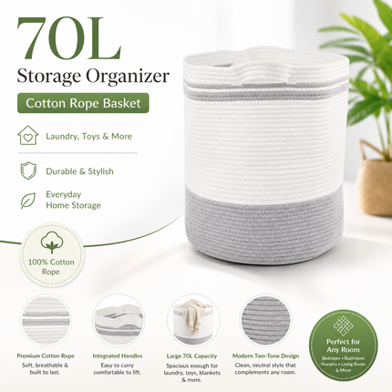 Laundry Hamper Basket 70L Cotton Rope Washing Storage Organizer for Clothes