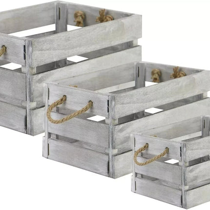 Wooden Storage Crates Set of 3 Bushel Box With Rope Handles Grey Vintage Basket