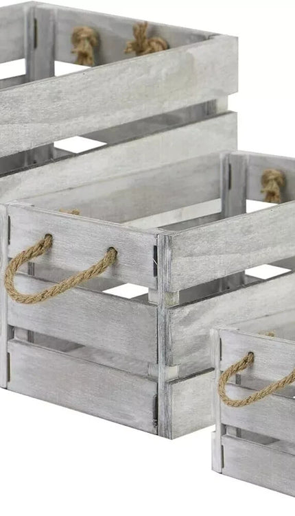 Wooden Storage Crates Set of 3 Bushel Box With Rope Handles Grey Vintage Basket