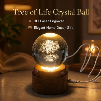 Tree of Life Crystal Ball 6cm LED Night Light Rotating Base USB Warm White + RGB