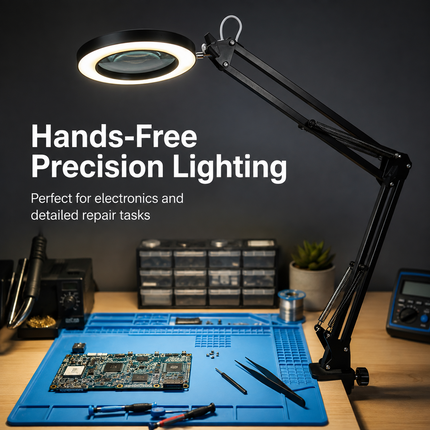 3X Magnifying Desk Lamp LED Light Dimmable 3 Light Colour Step Dimming Swing Arm