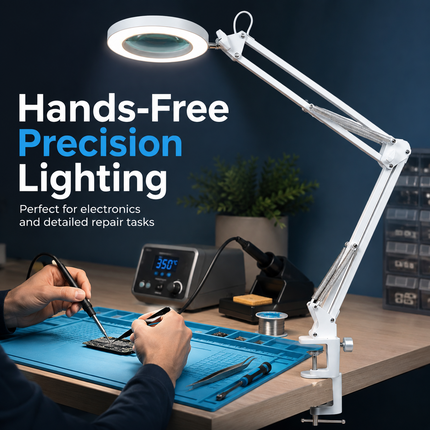 3X Magnifying Desk Lamp LED Light Dimmable 3 Light Colour Step Dimming Swing Arm