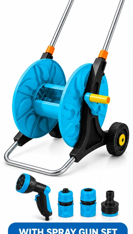 Garden Hose Reel Trolley Upto 50M Capacity Wheeled Portable Cart Spray Gun Set