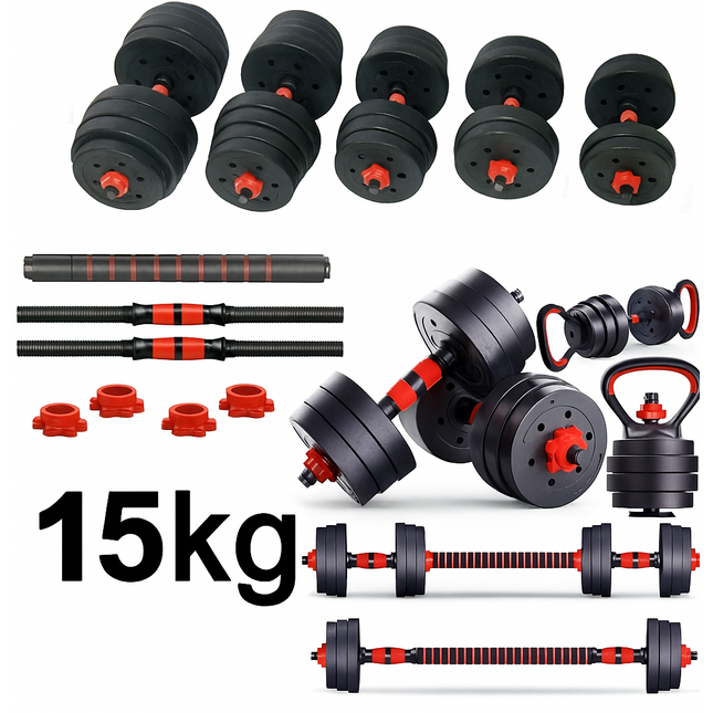 6-in-1 Adjustable Dumbbell Barbell Kettlebell Set Weight Lifting & Gym - 15kg