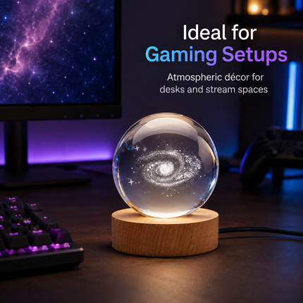 Galaxy Crystal Ball Night Light 8cm 3D Engraved - Wooden Base Warm White + RGB