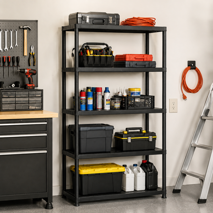 5-Tier Plastic Storage Shelf Rack Black - Home Garage Organizer