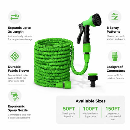Garden Hose Pipe Spray Gun Expandable Flexible Anti Kink Lawn Patio 50/100/150ft