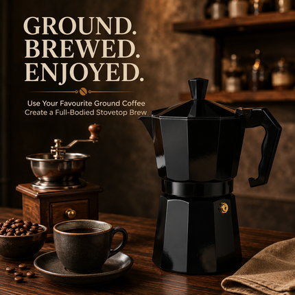 Moka Pot Black Stovetop Aluminium Italian Espresso Ground Coffee Maker 300ml