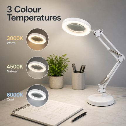3X Magnifying Glass LED Desk Lamp Stepless Dimmable 3 Colour Swing Arm