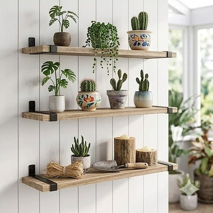 Floating Shelves Set of 3 Wall Mounted Paulownia Wood Storage Display Shelf Kit