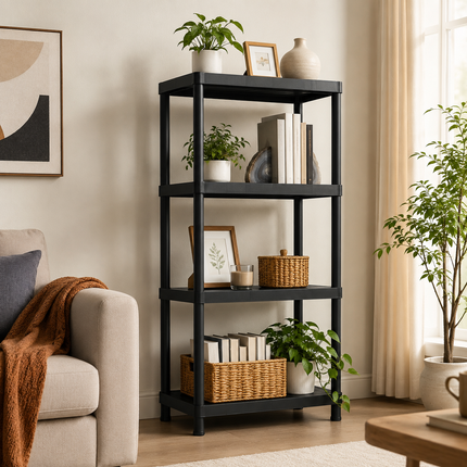 4-Tier Black Plastic Storage Shelf Rack - Home Garage Use