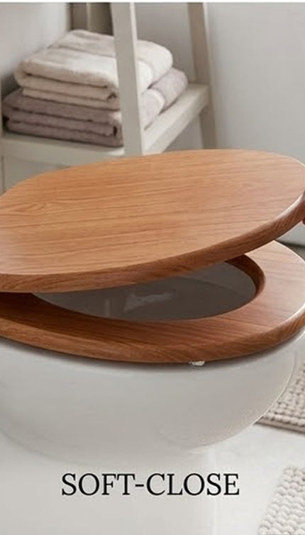 18" Universal Toilet Seat With Fittings Brown MDF Wooden Bathroom WC Seat