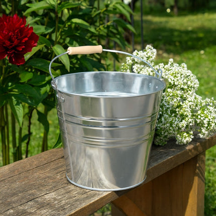 TRADITIONAL GALVANISED STRONG STEEL METAL BUCKET WITH WOODEN HANDLE 9L To 18L