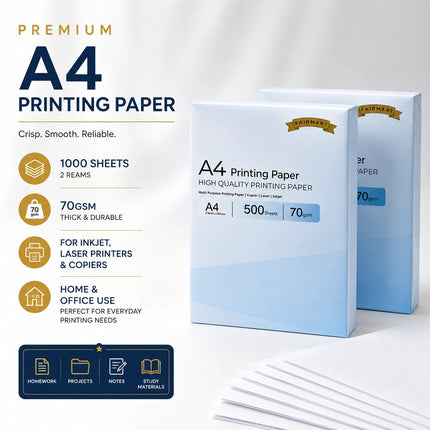 A4 Printer Paper White 70gsm 1000 Sheets Multipurpose Inkjet Laser Copier 2-Ream