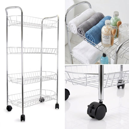 4 Tier  Vegetable & Fruit Trolley Basket Chrome Kitchen Storage Rack With Wheels