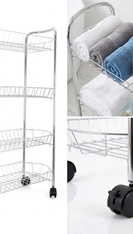 4 Tier  Vegetable & Fruit Trolley Basket Chrome Kitchen Storage Rack With Wheels