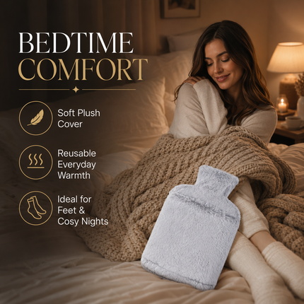Hot Water Bottle 2L with Soft Faux Fur Cover Leakproof Winter Warmer Light Grey