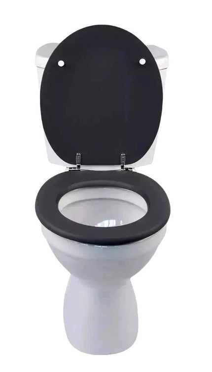 Universal Toilet Seat Jet Black Wooden MDF Bathroom WC Easy Fit With Fittings