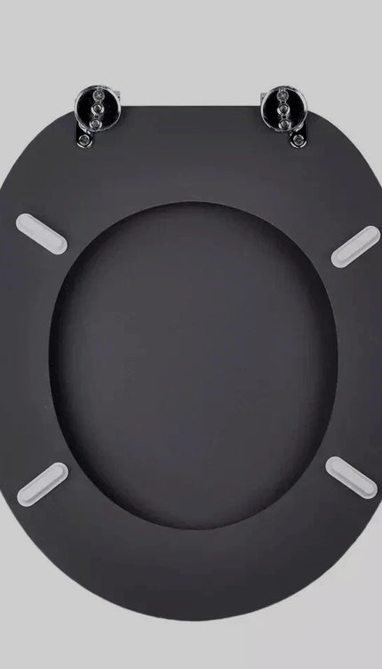 Universal Toilet Seat Jet Black Wooden MDF Bathroom WC Easy Fit With Fittings