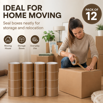Parcel Tape 48mm X 66m Strong Heavy Duty for Secure Box Packing 12-Rolls Brown