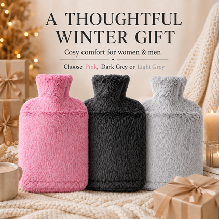 Hot Water Bottle Faux Fur Cover 2L Soft Leakproof Heat Bag Winter Warmer