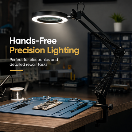 3X Magnifying Desk Lamp LED Light Dimmable 3 Light Colour Step Dimming Swing Arm