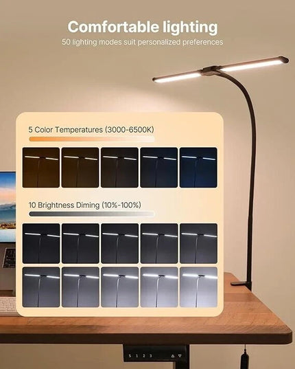 LED Desk Lamp with Clamp Double Dual Head Table Reading Craft Office Home Light