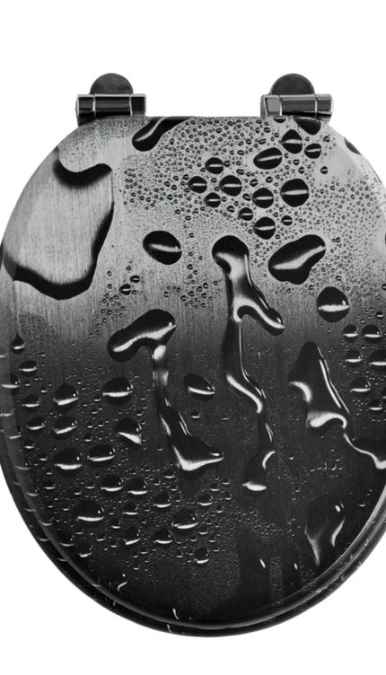 18" Universal Toilet Seat Black Water Droplets Easy Fit Wooden Bathroom WC Seat