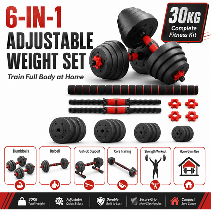 Adjustable Dumbbell Barbell Kettlebell 30KG Weight Set Home Gym Fitness 6 in 1