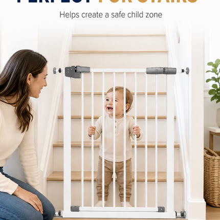 Baby Stair Gate | Pressure Fit Auto-Close Child & Pet Safety Gate – White