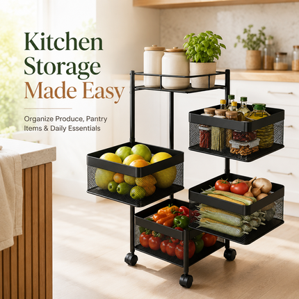 Storage Rack 5 Tier Rotating Kitchen Vegetable Trolley Cart Organizer Shelf