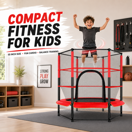 55" Kids Trampoline With Safety Enclosure Net Indoor Outdoor Bouncing Rebounder