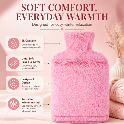 2L Hot Water Bottle with Soft Faux Fur Cover Leakproof Winter Warmer – Pink