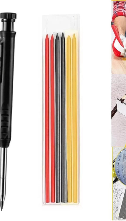 Carpenter Pencil Set + 6 Refills Deep Hole Mechanical Construction Tool Leads