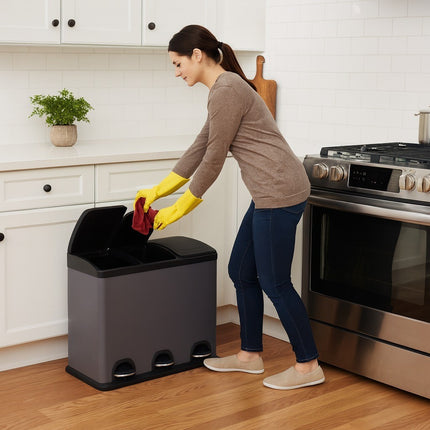 45L Kitchen & Office Pedal Bin Triple Compartment Stainles Steel Recycling 3x15L
