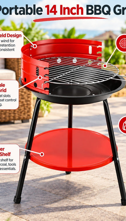 14" Round Charcoal BBQ Grill Portable Outdoor Garden Camping Picnic Wind Shield