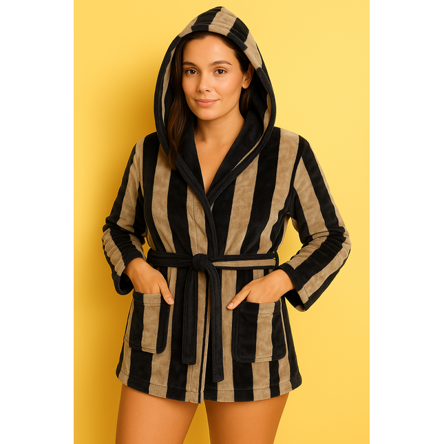 Medium Unisex Beige & Black Cotton Terry Bathrobe Soft Spa Gown for Men & Women