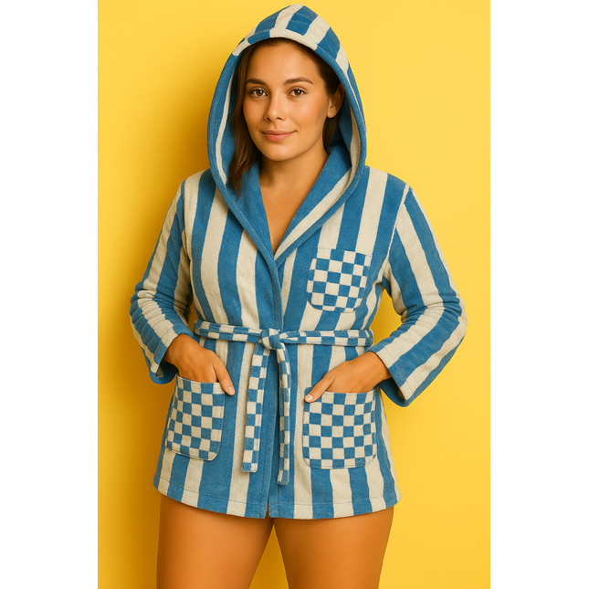 Medium White & Blue Unisex Cotton Terry Bathrobe Gown Soft Spa Robe Men Women
