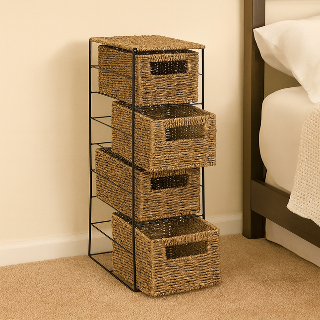 4 Drawer Slim Bathroom Storage Unit Natural Cabinet with Boxes & Shelves