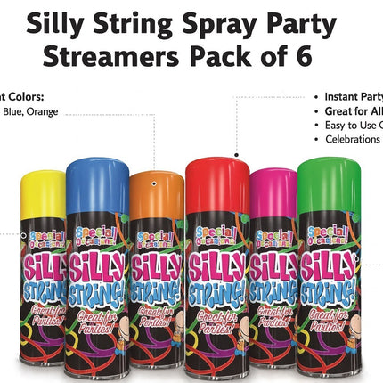 6x Party Silly String Spray Cans Mixed Colours Fun Streamers Party Celebration