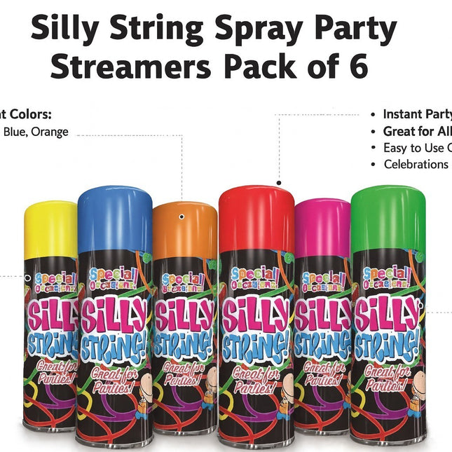 6x Party Silly String Spray Cans Mixed Colours Fun Streamers Party Celebration